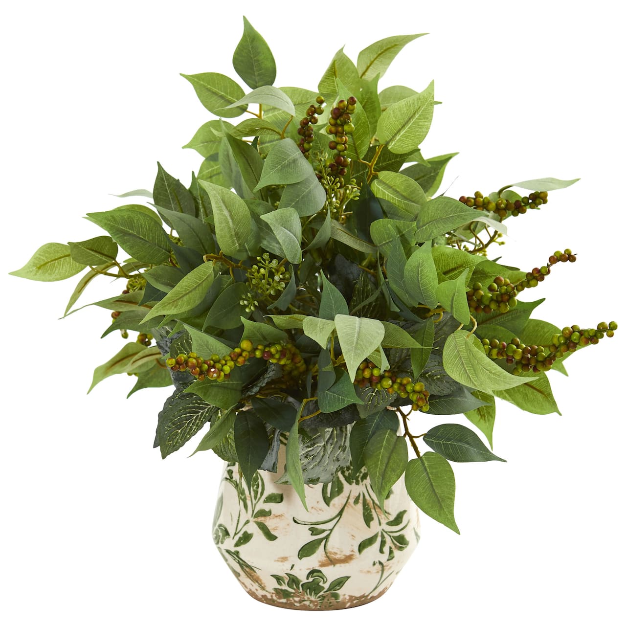 13" Mixed Ficus, Fittonia & Berry in Floral Vase